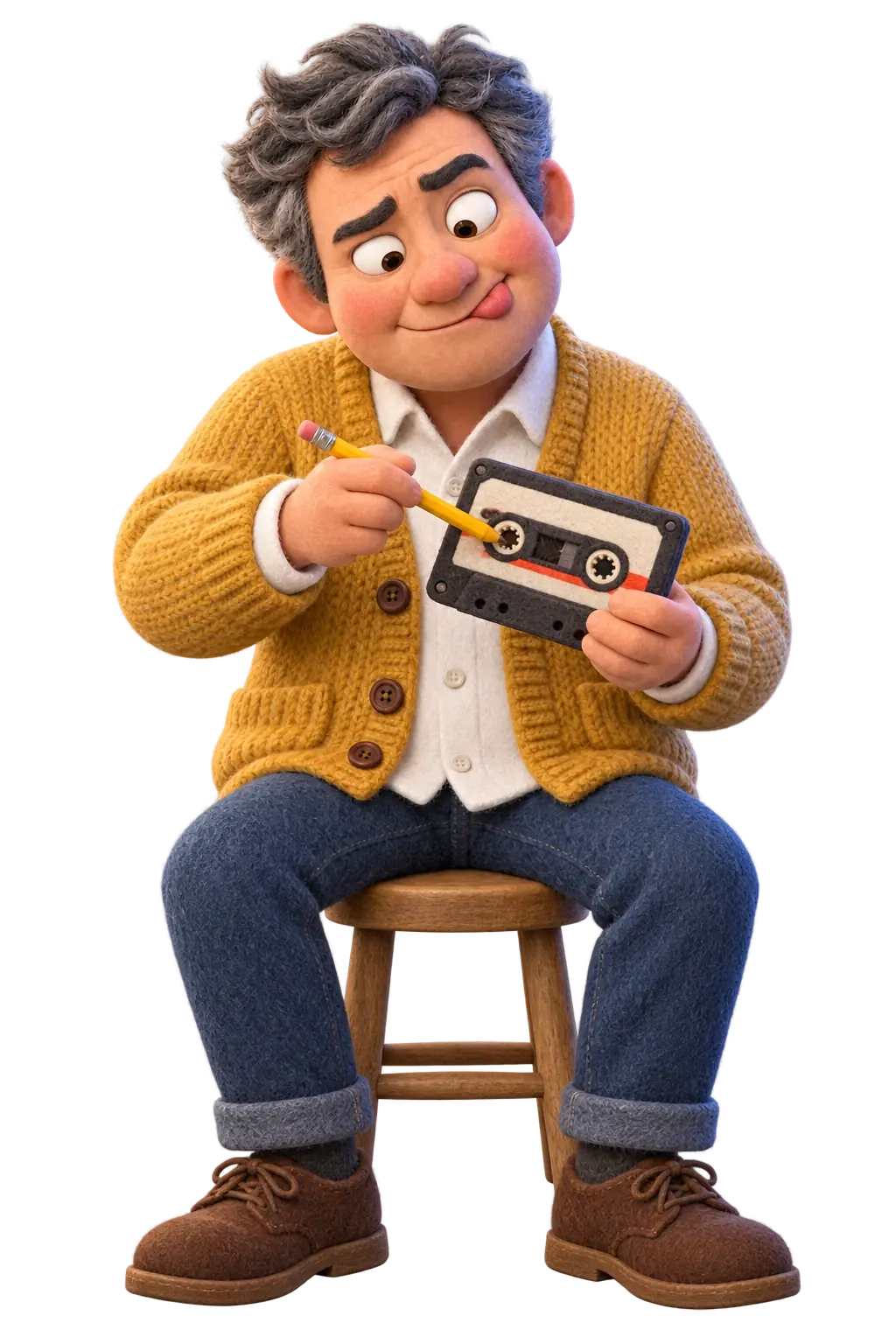 He rewinds a cassette with a pencil